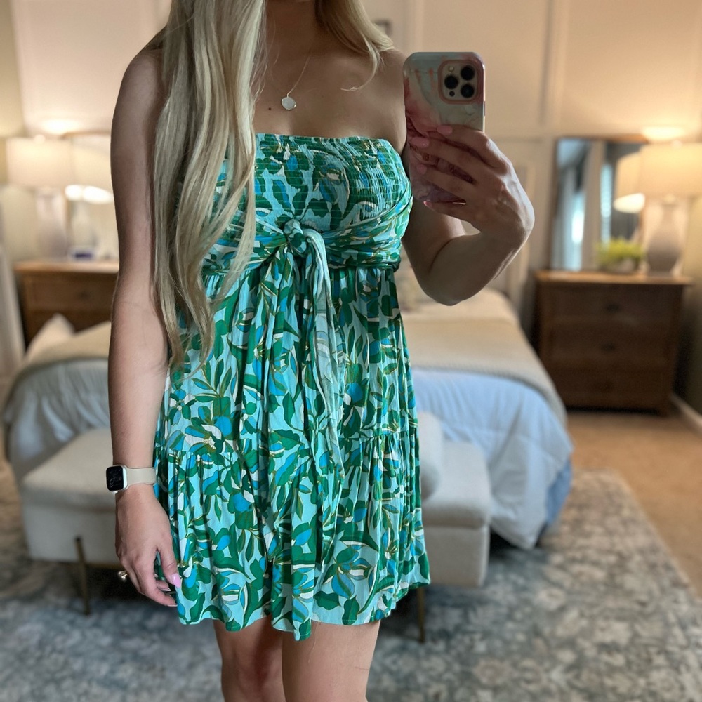 Tropical Green Strapless Mini Dress